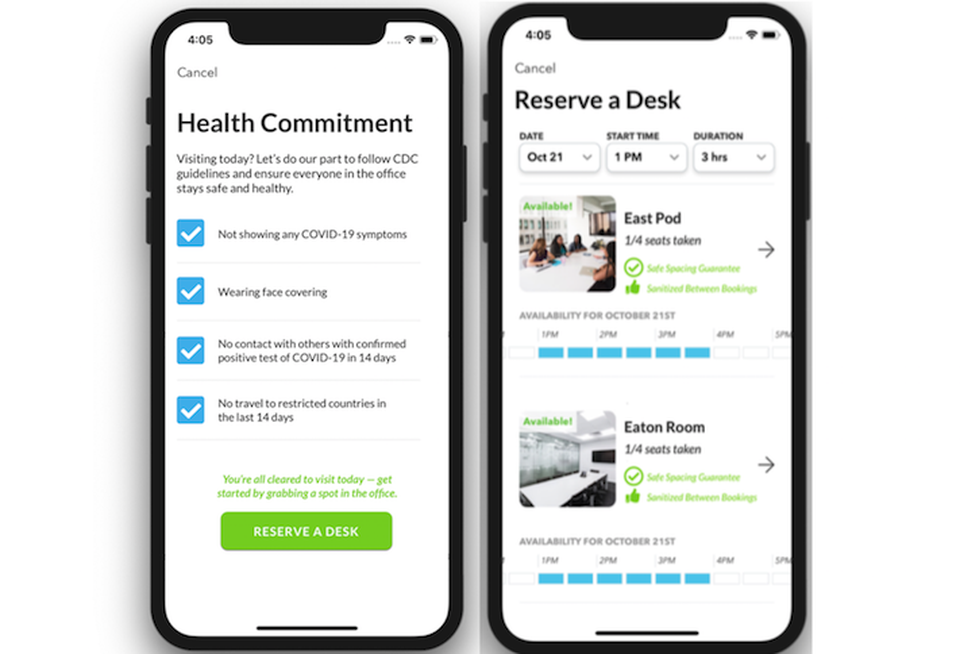 Pages on Cove's mobile app for employees returning to the office.