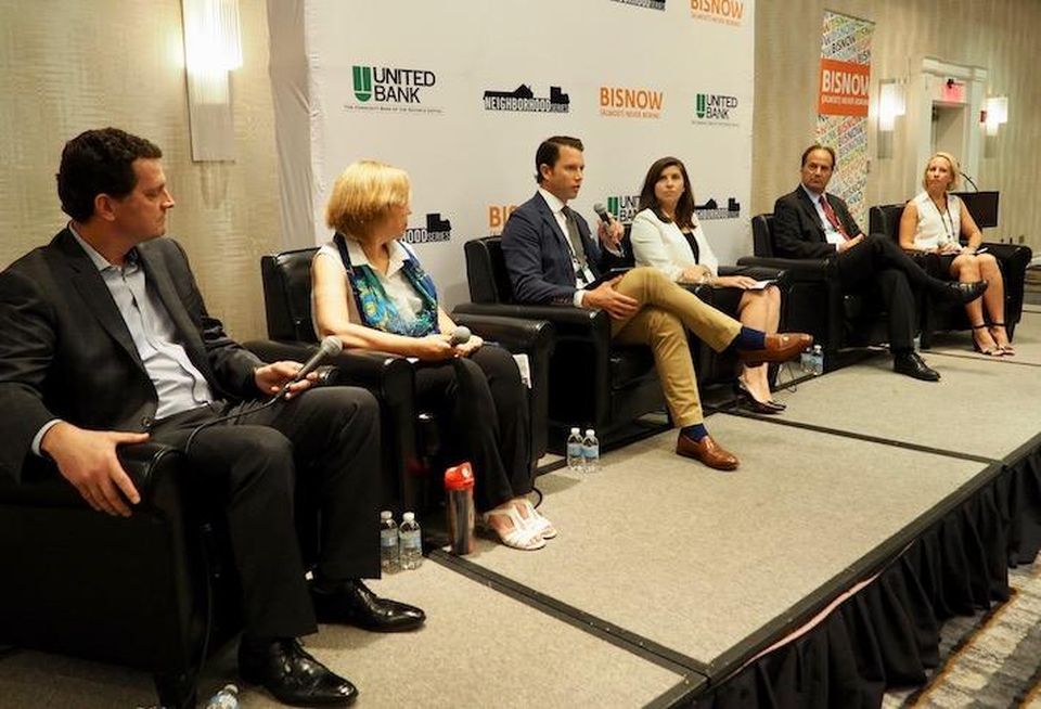 ZOM Living's Andy Cretal, Stonebridge's Jane Mahaffie, Federal Realty's Mike Ennes, JBG Smith's Andrea Murray, Duball's Marc Dubick and Linowes and Blocher's Heather Dlhopolsky