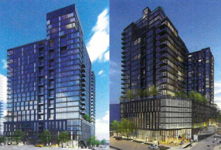Renderings of the 26-story apartment building planned for Block D of the Scotts Run development. 