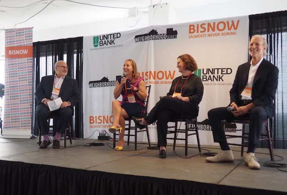 Pillsbury Winthrop Shaw Pittman's Jamie Bobotek, Columbia Pike Partnership's Kim Klingler, Insight Property Group's Sarah Davidson and BM Smith's David Peele speak during a panel at Bisnow's Future of Arlington County event.