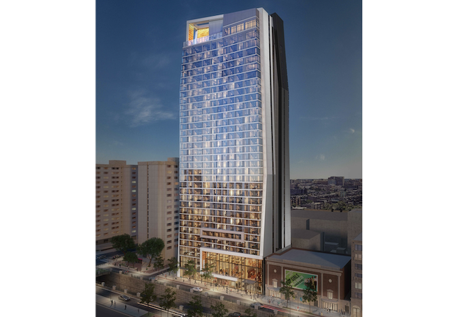 A rendering of the planned 34-story apartment complex on Huntington Avenue, branded as Lyra.