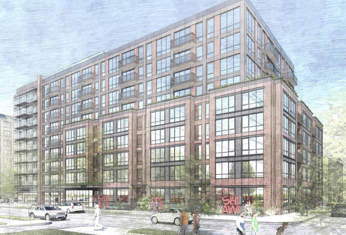 A rendering of the development Trammell Crow is planning at the intersection of Seventh and P streets NW. 