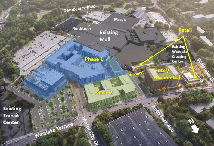 An aerial rendering of the phased development planned for the Westfield Montgomery mall. 