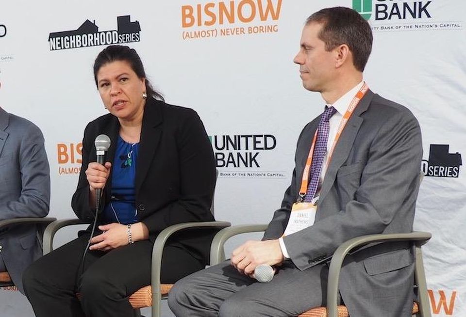 GSA Public Buildings Service Commissioner Nina Albert, then with WMATA, speaking on a March 2020 Bisnow event next to then-PBS Commissioner Dan Mathews.