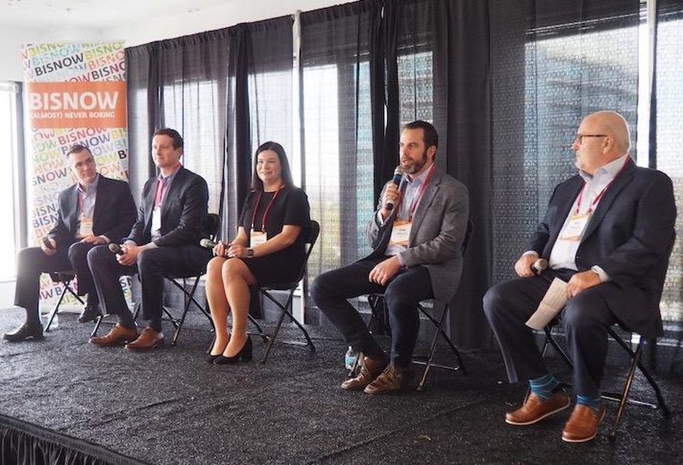 Skanska's Mark Carroll, Jamestown's Mark Witschorik, Monday Properties' Jennifer Burns, AREP's John Chesley and Pillsbury's Jamie Bobotek. 