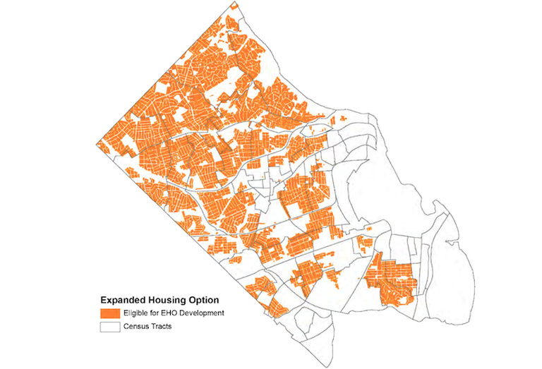 A map of the single-family areas that can now house multi-unit properties under Arlington's new Expanded Housing Option policy. 