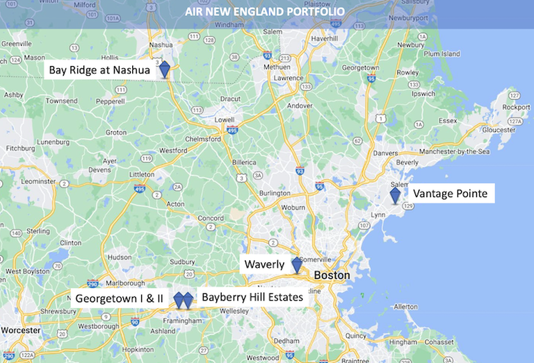 A map showing the six-property portfolio that AIR Communities sold to Eagle Rock Properties. 
