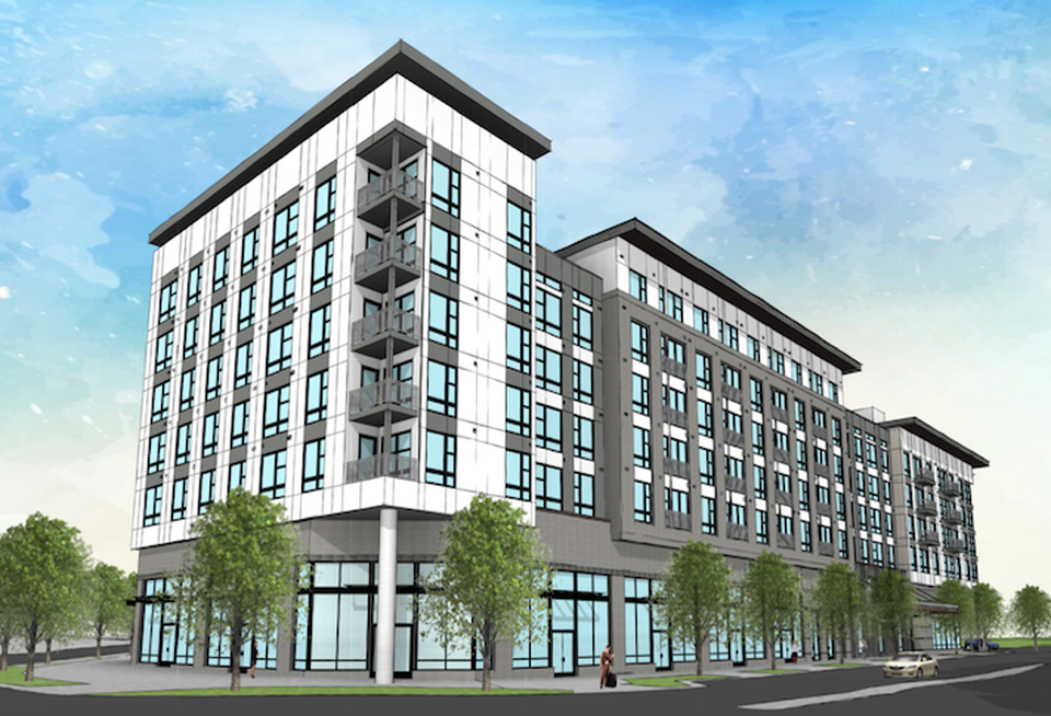 A rendering of The Hurston, a 268-unit apartment building with retail and office space near the Shady Grove Metro station.