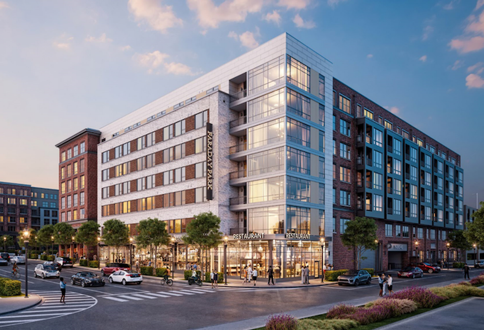 A rendering of the Faraday Park apartment building in Reston.