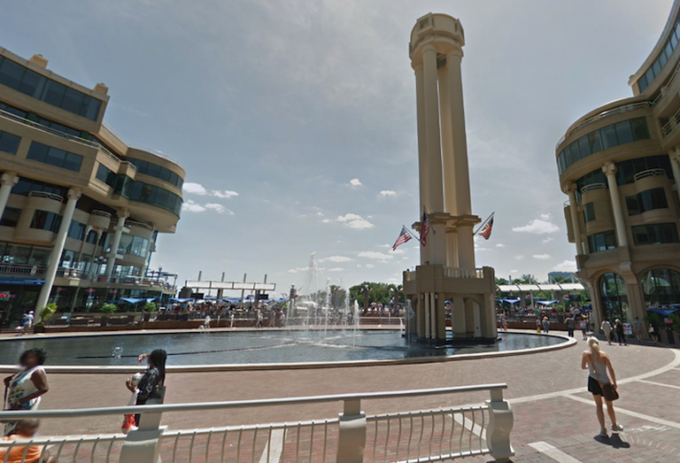 The fountain at Georgetown's Washington Harbour development, with the Tony & Joes and Nick's Riverside Grill patios in the background. 