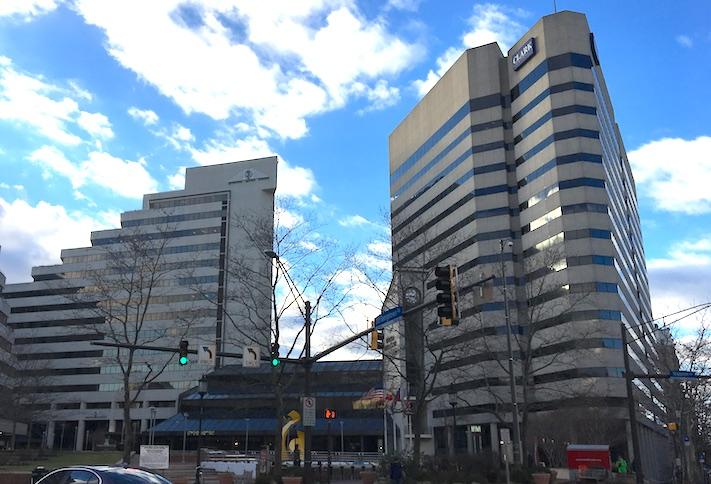 The Clark Building (right) at 7500 Old Georgetown Road in Downtown Bethesda