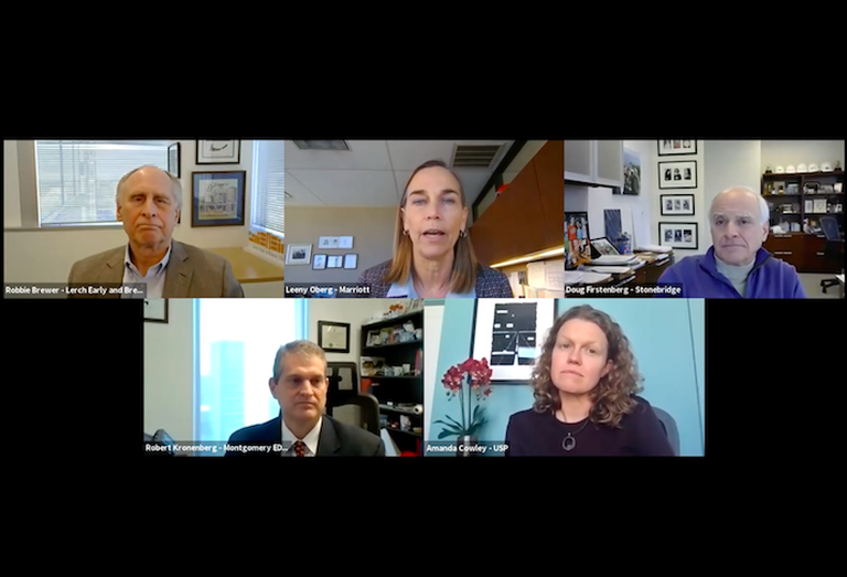 Clockwise from top left: Lerch, Early and Brewer's Robby Brewer, Marriott's Leeny Oberg, Stonebridge's Doug Firstenberg, USP's Amanda Cowley and Montgomery County Planning Department's Robert Kronenberg. 