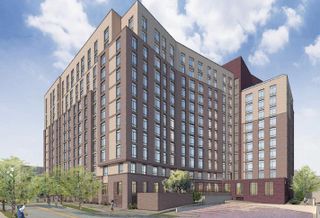 A rendering of the 12-story affordable housing project planned to replace Arlington's Marbella Apartments. 