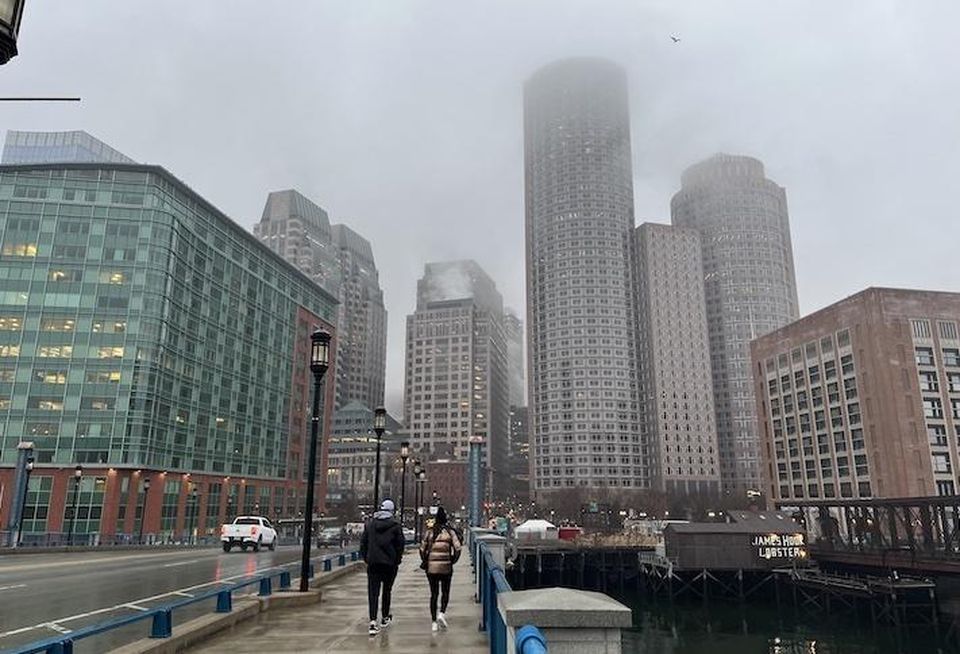 The view of Downtown Boston from the Seaport Boulevard bridge.