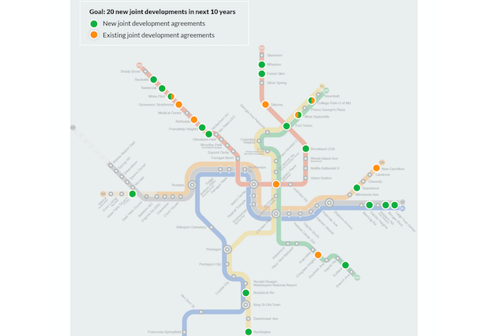 A map of Metro's long-term vision for the stations where it aims to pursue partnerships for the development of transit-adjacent land.