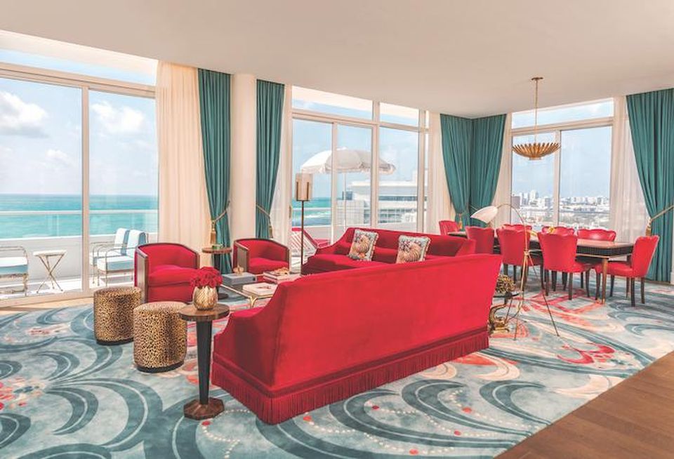 The living room in the Faena Hotel Miami Beach's penthouse suite, which is going for $170K on Grand Prix weekend.