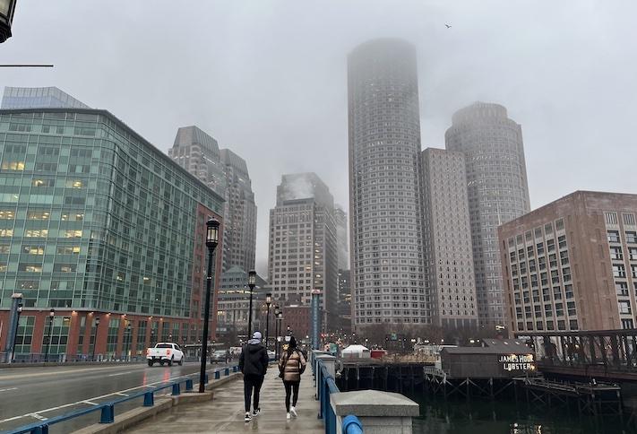 The view of Downtown Boston from the Seaport Boulevard bridge. 