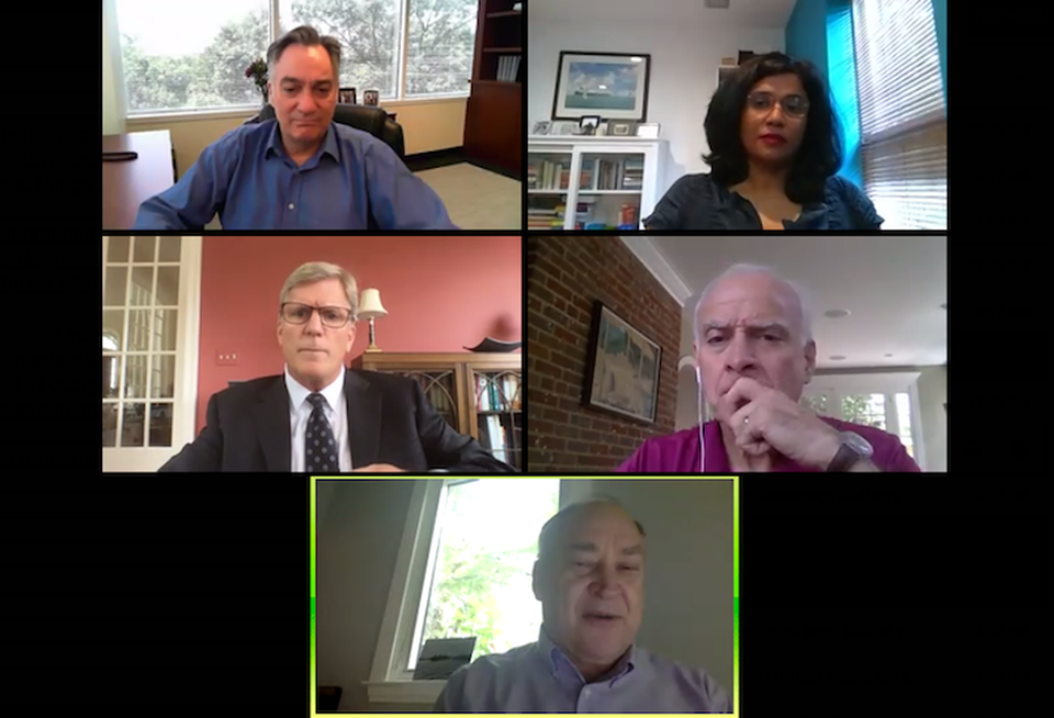 Clockwise from top left: American Gene Technologies' Jeff Galvin, Cushman & Wakefield's Revathi Greenwood, Stonebridge's Doug Firstenberg, Montgomery County Executive Marc Elrich and Selzer Gurvitch Rabin Wertheimer & Polott's Bob Dalrymple.