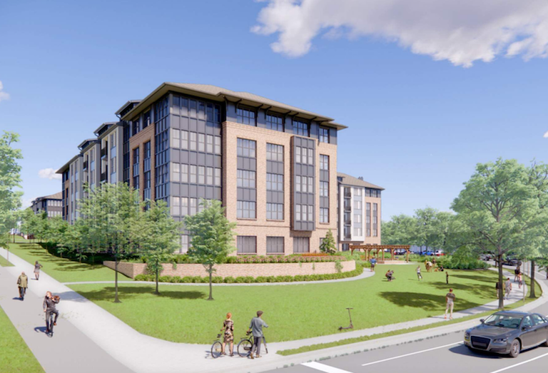 A rendering of Elm Street's planned apartment building and the public park at the Richmond Highway-Buckman Road intersection. 
