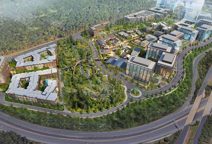An aerial rendering of the full Rivana at Innovation Station project, ultimately planned for 9M SF on a 103-acre site. 