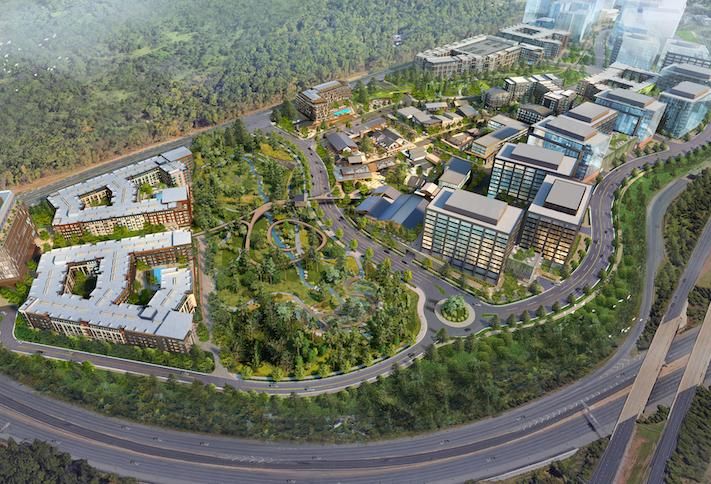 An aerial rendering of the full Rivana at Innovation Station project, ultimately planned for 9M SF on a 103-acre site. 