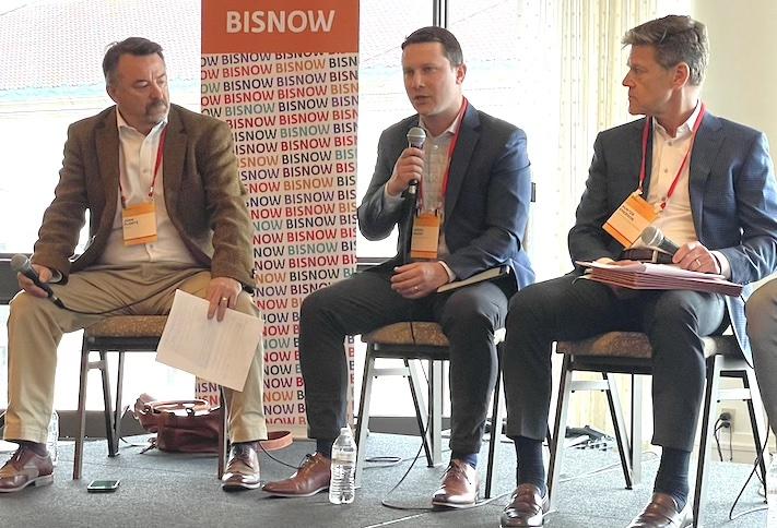 Langan's John Plante, Arco New England's Jason Grant and Equity Industrial Partners' Hunter Emerson speaking on Bisnow's Boston Industrial Forecast event March 16. 
