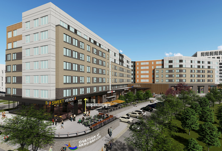 A rendering of one of the mixed-use buildings planned at Arrowbrook Centre in Herndon