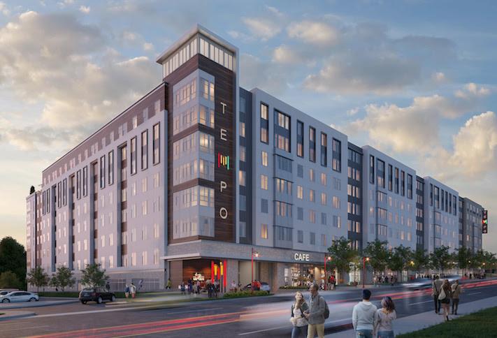 A rendering of Gilbane's Tempo student housing building at 8430 Baltimore Ave. in College Park. 