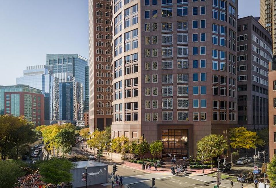 A rendering showing the renovated entrance of International Place along the Rose Kennedy Greenway.