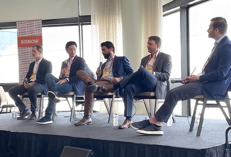 AEW's Paul Ketterer, GLP's Oscar Wong, Cabot Properties' Michael McCarthy, Stag Industrial's Michael Chase and Newmark's Tony Coskren at Bisnow's Boston Industrial Forecast event. 