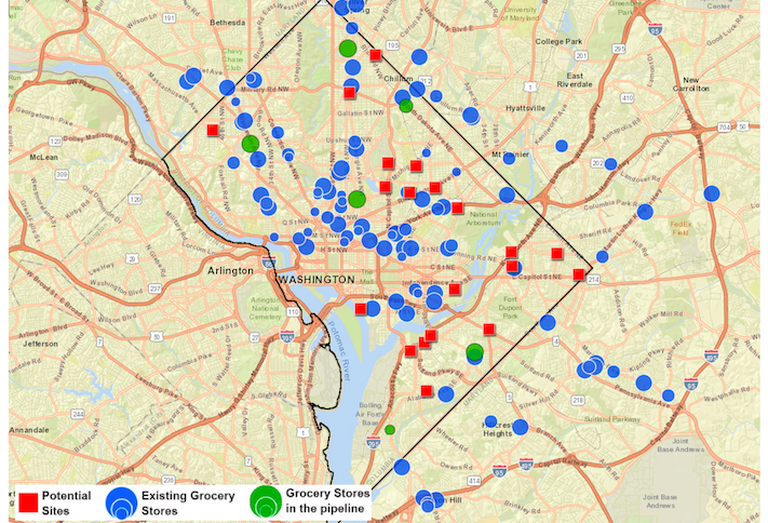 A map of D.C.'s existing and planned grocery stores, plus potential sites that could accomodate new stores. 