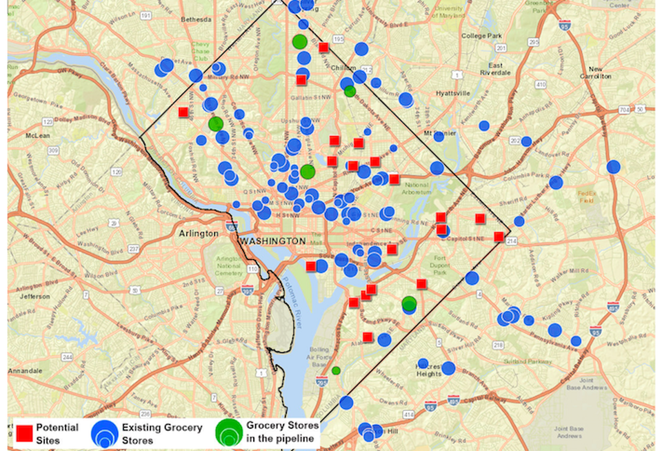 A map of D.C.'s existing and planned grocery stores, plus potential sites that could accomodate new stores.