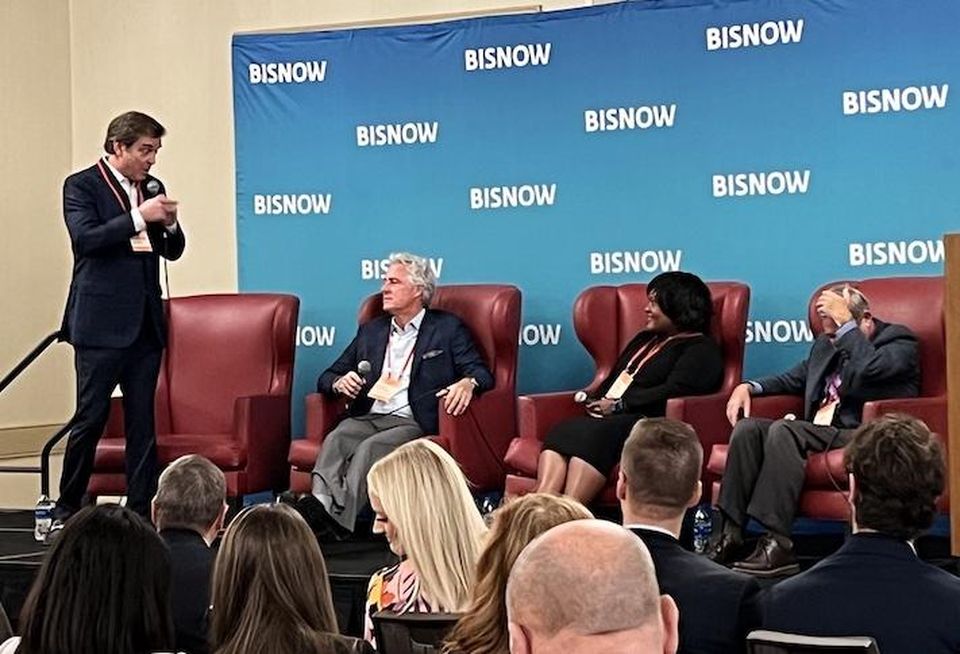 Mid-Atlantic Properties President Wayne Gioioso Jr. discusses development in Baltimore County with Greenberg Gibbons CEO Brian Gibbons, Johns Hopkins Vice President for Economic Development Alicia Wilson, and David Tufaro, founder of Terra Nova Ventures.