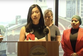 Mayor Wu at the press conference for the new DEI policy targeted at private developers. 
