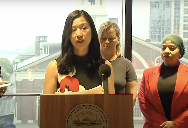 Mayor Wu at the press conference for the new DEI policy targeted at private developers. 