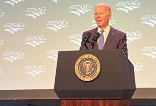 President Joe Biden speaking Tuesday Feb. 14 at the National Association of Counties' Legislative Conference in D.C.
