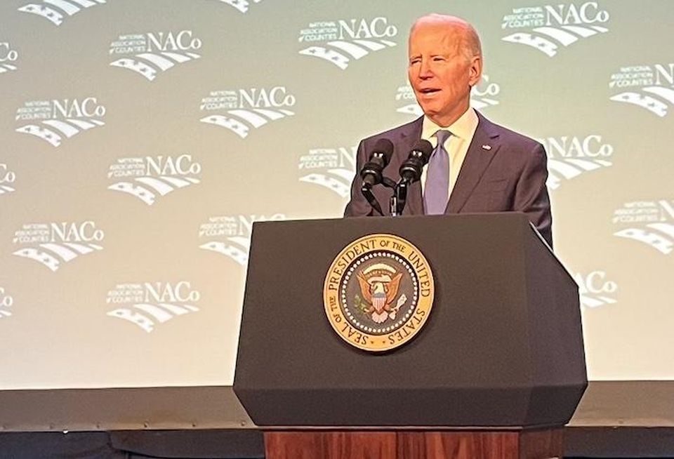 President Joe Biden speaking Tuesday Feb. 14 at the National Association of Counties' Legislative Conference in D.C.