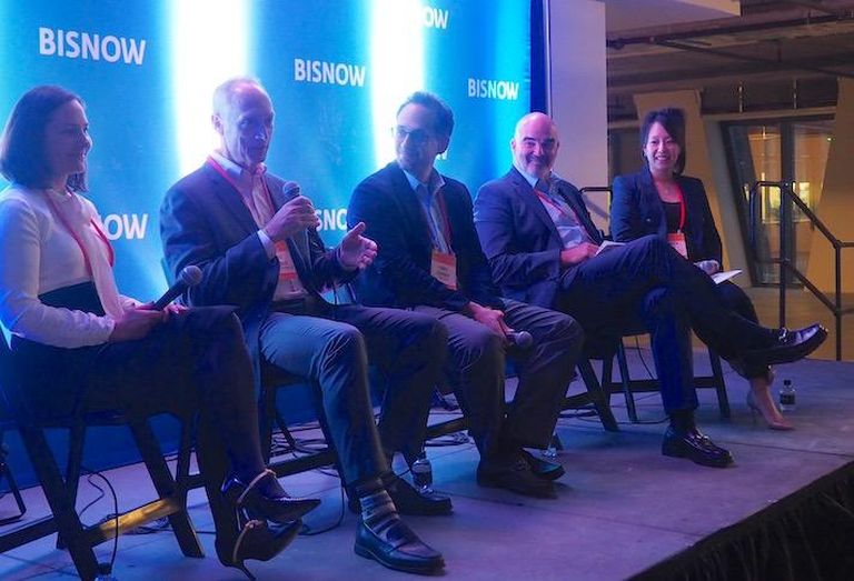 MetLife Investment Management's Jeanine Lester, Northwestern Mutual's Erik Ekeroth, Comstock's Chris Guthrie, Cushman & Wakefield's Bill Collins and Pillsbury's Jessica Lee at Bisnow's D.C. Region Finance & Deal-Makers Summit. 