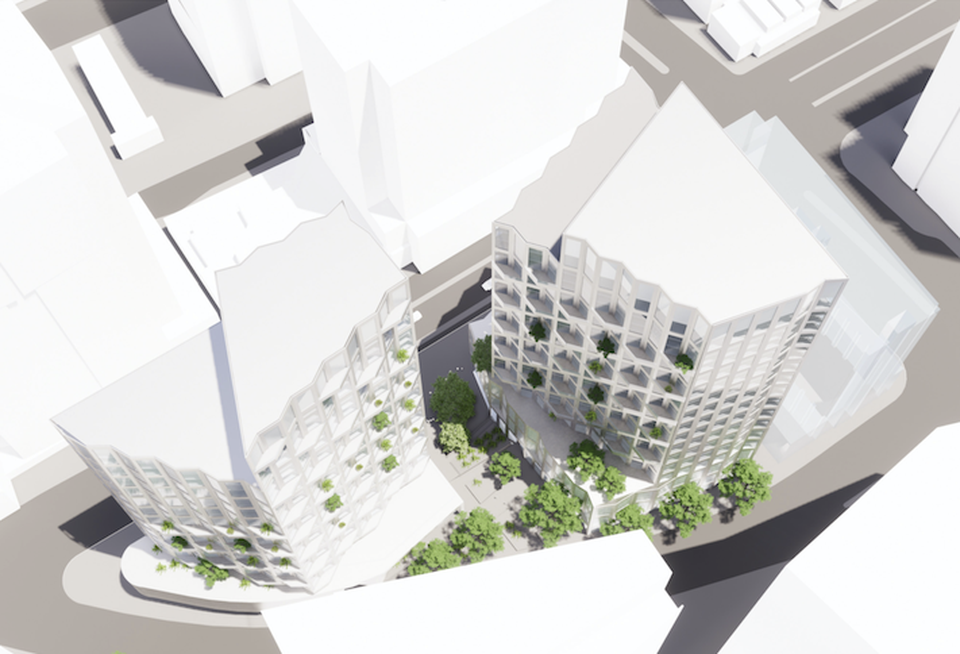 An aerial rendering of the project at 1820 North Fort Myer Drive in Rosslyn.