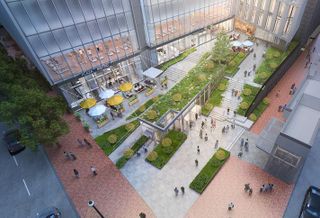 The outdoor plaza at Carr Properties' two-building Bethesda development, The Wilson and The Elm. 