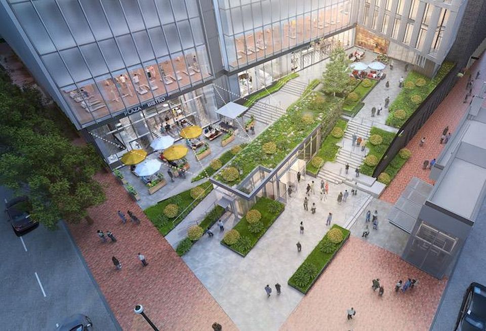 The outdoor plaza at Carr Properties' two-building Bethesda development, The Wilson and The Elm.