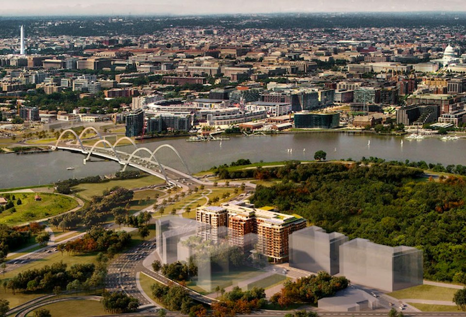 A rendering showing Redbrick's Bridge District project in the foreground, with the Frederick Douglass Memorial Bridge connecting it to the Capitol Riverfront neighborhood.
