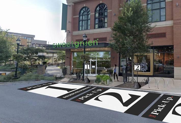 A rendering of the curbside pickup spaces at Federal Realty's Pike & Rose development. 