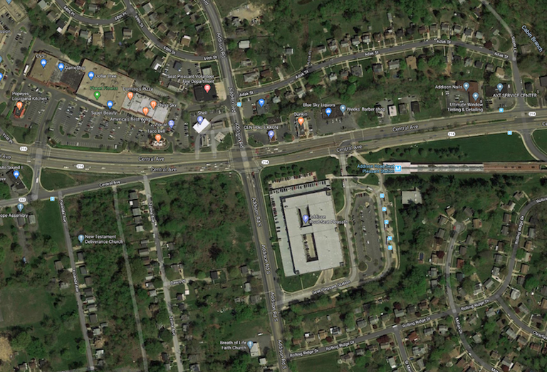 An aerial view of the area around the Addison Road Metro station.