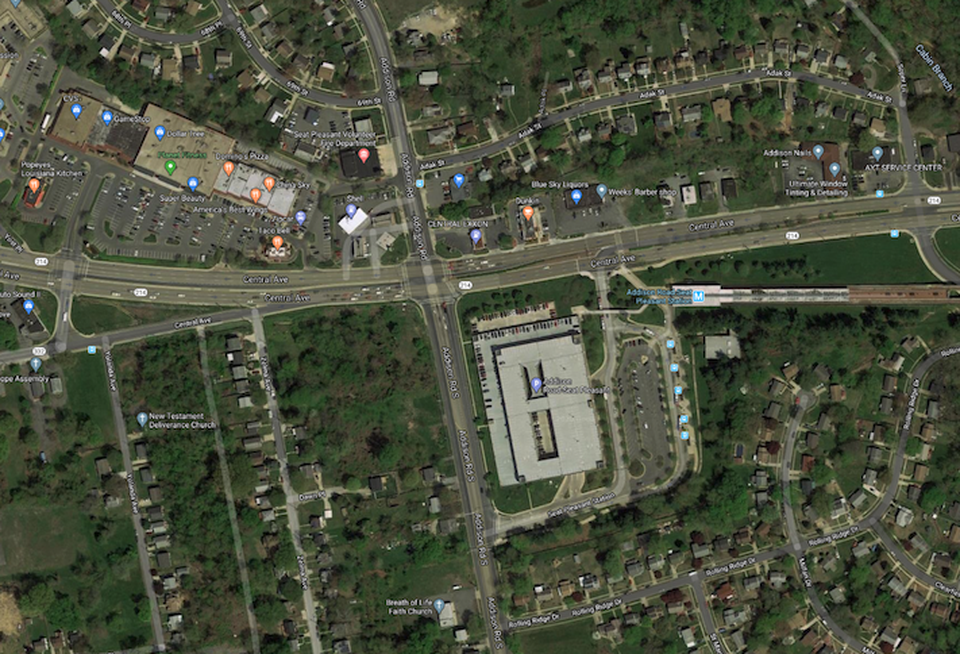 An aerial view of the area around the Addison Road Metro station.