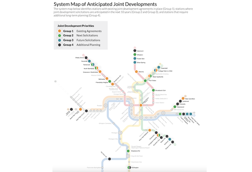 A map from WMATA's report showing the stations where it aims to reach agreements with developers.