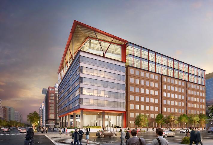 A rendering of the redeveloped 80 M St. SE building with the two new mass timber floors. 