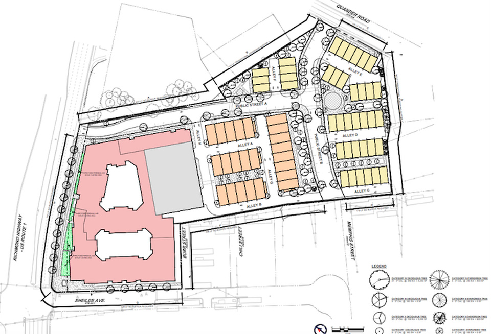 A site plan drawing of Lennar's planned multifamily building and townhouses on Richmond Highway.