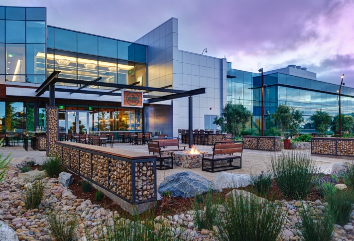 Alexandria Real Estate employs technologies employed at UTC Campus Pointe that allow employees to work anywhere on the campus, including this casual outdoor patio space.