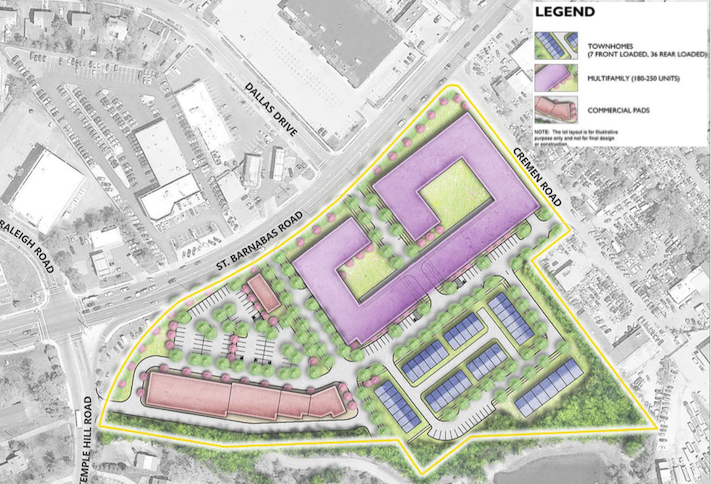 A site plan for the 11-acre mixed-use project on St. Barnabas Road in Prince George's County. 
